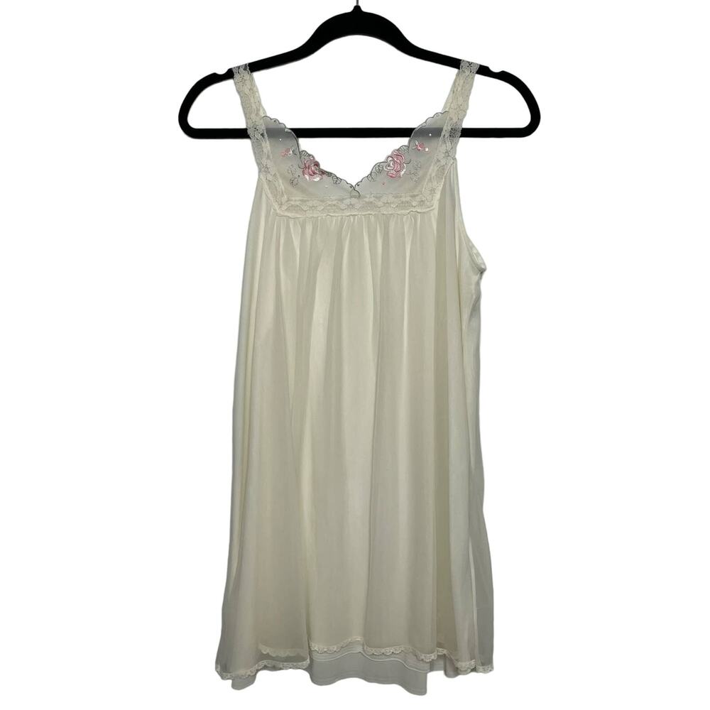 Vtg Miss Elaine Nightgown‎ Slip Embroidered Floral Fairy Bride Honeymoon White M